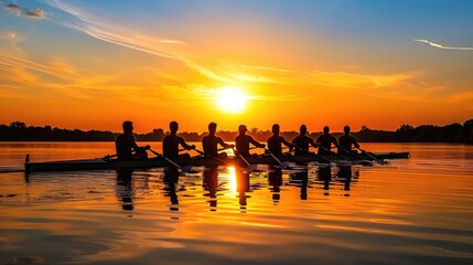 Silhouette of a rowing team at sunset - A silhouette of a synchronized rowing team against a beautiful sunset, highlighting their unity and the serene environment