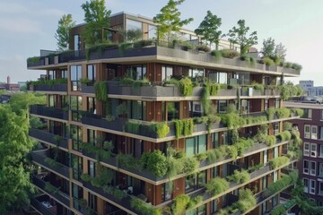 Eco friendly modern apartment building with tree covered balconies in Netherlands.