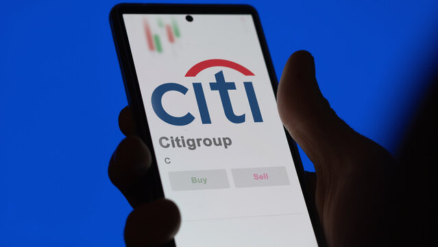 Citigroup on the screen of an exchange. Citigroup price stocks, $C on a device, New York City, New York. Close up on logo.