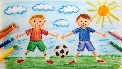 children's drawing with wax crayons of football players playing in the stadium, soccer ball, game, championship, gate, cartoon characters, child, man, design, art, childhood, European Cup, goal