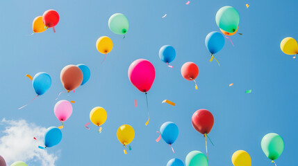 A photo captures many colorful balloons (filled with hellium) rising into a blue sky.
