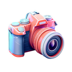 A red and blue camera with a lens., isolated on a transparent background.