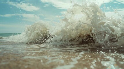 Fototapeta premium Waves crashing on the shore - Dynamic shot of waves crashing onto the sandy shore, capturing the power and movement of the ocean
