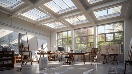 art studio with north-facing skylights, designed specifically to provide consistent, indirect light, ideal for artists to work under optimal lighting conditions