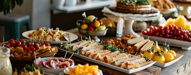 catered banquet table with a variety of appetizers, snacks, and sandwiches