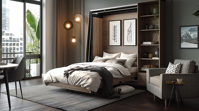 elegantly designed Murphy bed that folds out from a stylish, multifunctional wall unit, maximizing space in a chic studio apartment