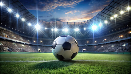 soccer ball lies on the grass against the background of a football stadium and stands, match, sport, competition, world cup, european cup, championship, spotlights, sky, markings, game, victory, team