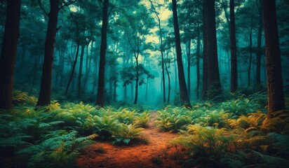 Obraz premium Mystical, vibrant forest path with lush green ferns.
