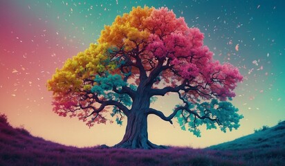 Vibrant tree with colorful leaves in a surreal landscape