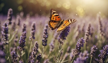 Butterfly on lavender field basking in golden sunlight