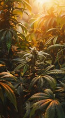 Cannabis plants in warm sunlight, cultivation concept