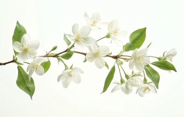 Fototapeta premium Nature's Delight: Fresh Tree Branch with White Flowers and Green Leaves