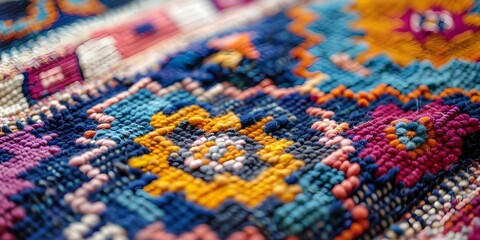 Closeup of colorful traditional Turkish wool rug pattern and texture background. Concept Colorful Rug, Traditional Pattern, Texture Background, Turkish Design, Close-up Shot