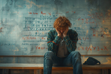 Overwhelmed student with head in hands in front of a blackboard covered in complex math equations