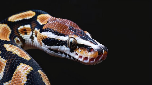 Ball python with piebald pattern against black backdrop