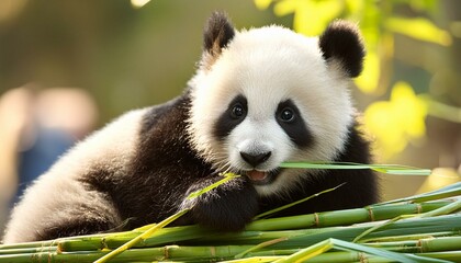 Fototapeta premium 대나무를 맛있게 먹고 있는 3D 아기 판다