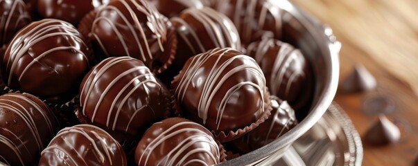 Chocolate truffles with white chocolate drizzles in a silver dish, close-up shot. Gourmet dessert and confectionery concept