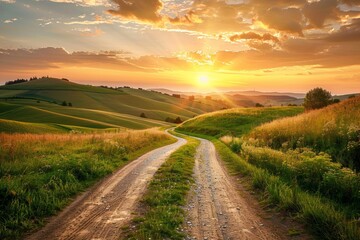 Sunset over a country road with fields and hills in summer
