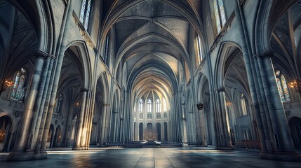 interior shot of a cathedral with pointed arches and soaring ribbed vaults, capturing the essence of Gothic architecture's grandeur and verticality