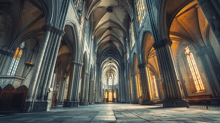 interior shot of a cathedral with soaring Gothic arches and flying buttresses, highlighting the architectural genius behind its enduring structure and heavenly aesthetic