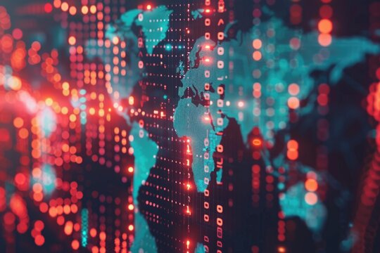 Digital world map hologram with connections on coins stacks background - Powered by Adobe