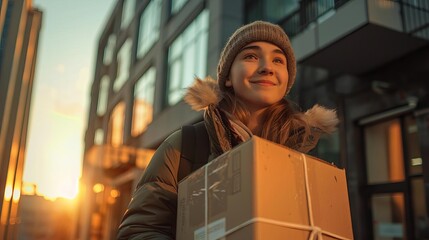 A young student carrying boxes into a small apartment, new surroundings, excited expression, modern apartment building, afternoon sunlight