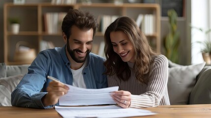 Fototapeta premium A couple signing a lease agreement with a landlord, happy and excited expressions, formal setting, paperwork on table, professional attire
