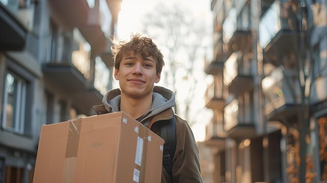A young student carrying boxes into a small apartment, new surroundings, excited expression, modern apartment building, afternoon sunlight