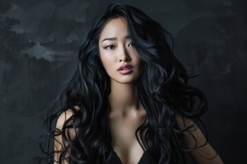Fototapeta premium Beautiful long curly hair asian woman model hair smooth brunette hairstyle model, Haircare Product model advertising. Copy space.