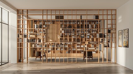 office space with a bespoke, modular wall unit that serves as a bookshelf, art display, and room divider, crafted from natural wood and featuring a minimalist design