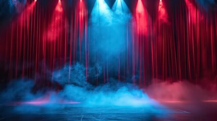 Stage with illuminated spotlights, Blue spotlight smoke stage entertainment background. Magic theater stage red curtains Show Spotlight, Stage white smoke spotlight background