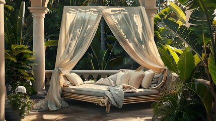 ornamental canopy daybed on an outdoor terrace, draped with light, airy fabrics and surrounded by tropical plants, offering a luxurious relaxation spot