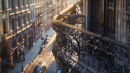 ornate balcony with intricate iron detailing, overlooking a bustling city street, capturing the essence of urban architectural charm