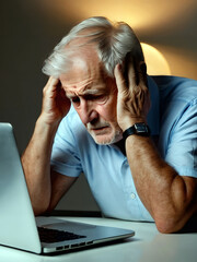 Elderly Struggling with Technology - Frustrated Gray Hair Old Man with Laptop