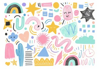 Colorful Hand Drawn Pencil Sketch Design of Mixed Media Scrapbooking Paper with Stars, Graphics and Patterns