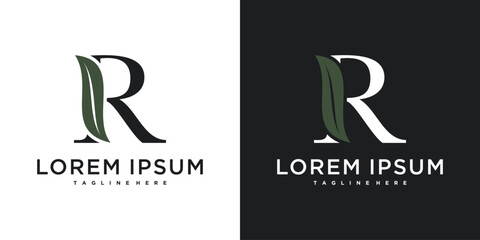 Initial letter R with leaf logo design. Premium Vector