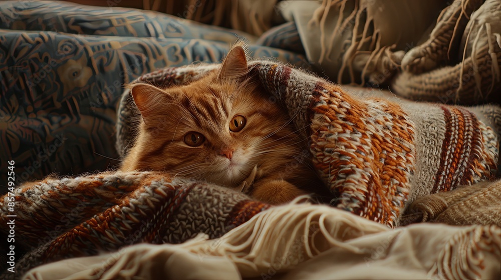 Aufkleber a ginger tabby cat relaxes comfortably under a patterned blanket on a couch. generative ai