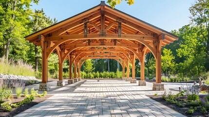 outdoor pavilion with a complex timber frame structure, showcasing the beauty of natural wood and the skill of traditional carpentry in a contemporary design