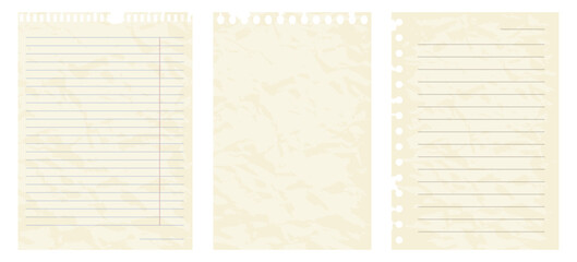 Torn paper sheets from a notepad. Set of torn realistic pages. Collection of sheets with lines and cells. Paper with crumpled texture.