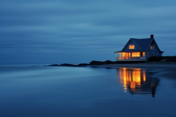 Fototapeta premium A cozy house with illuminated windows by the sea at dusk