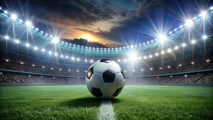 Fototapeta premium soccer ball lies on the grass against the background of a football stadium and stands, match, sport, competition, world cup, european cup, championship, spotlights, sky, markings, game, victory, team