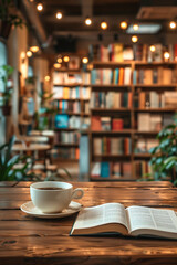 Generative AI image of a cup of coffee and a book on a wooden table in a bookstore pub with an out-of-focus background filled with shelves of books.