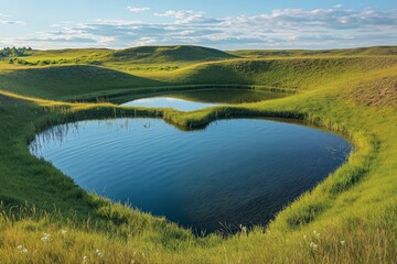 Fototapeta premium A tranquil heart-shaped lake surrounded by green rolling hills under a clear blue sky
