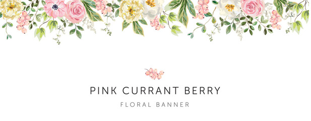 Pink currant berries, roses, peony flowers, green leaves, white background. Banner template with text. Vector illustration. Floral arrangement. Summer border design 