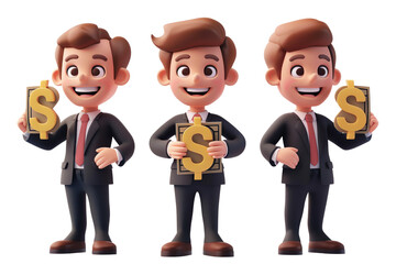 3d businessman holding a golden dollar sign, financial success concept, 3d rendering, isolated on a transparent background.