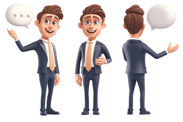 3d illustration of a businessman in different poses with a speech bubble., isolated on a transparent background.