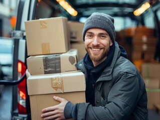 Smiling delivery man holding packages in a van, ready for delivery.