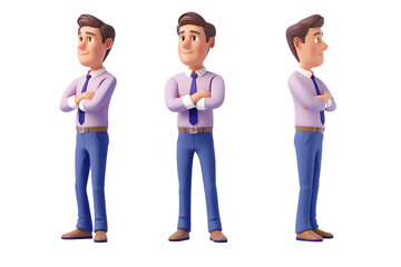 Obraz premium 3D rendering of a man in a purple shirt and blue pants standing with crossed arms in various angles, isolated on a transparent background.