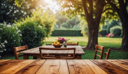 Sunny outdoor dining area with wooden table and chairs.
