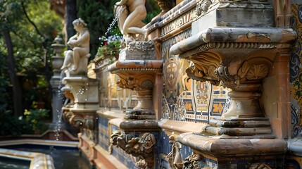 Obraz premium close-up of an ornamental fountain with baroque sculptures and mosaic tiling, positioned in a classical garden setting